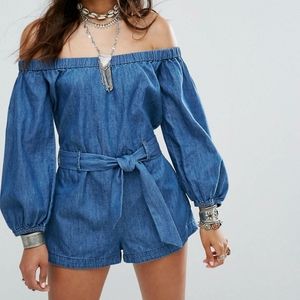 Free People Off Shoulder Denim Romper